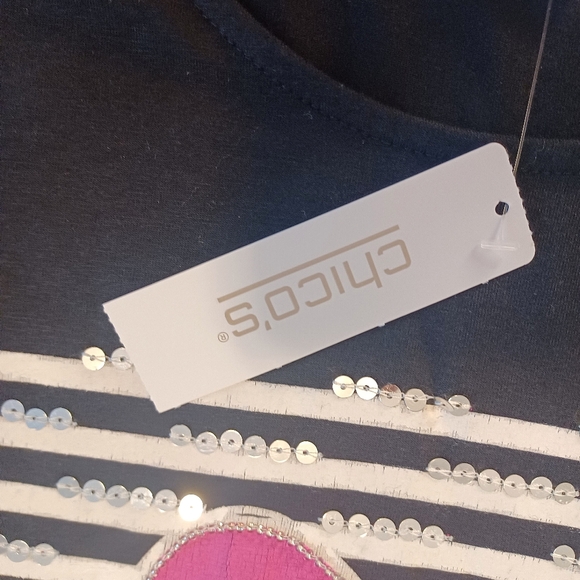 NEW Chicos Love Stripe Heart Scoop Neck Sequin 3/4 Sleeve Tee Shirt Sz Large NWT - Picture 7 of 9